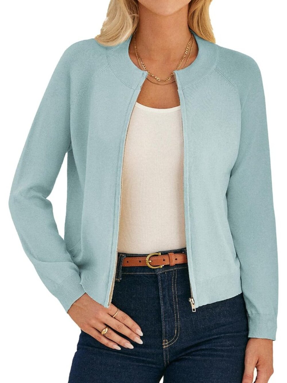 〽️Women Mint Blue Long Sleeve Zip Up Cardigan Lightweight Knitted Sweater Jacket